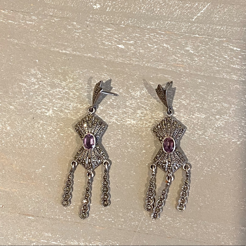 Vintage Gorgeous Silver Dangle With Gray Stones Purple Stone Fashion Earrings